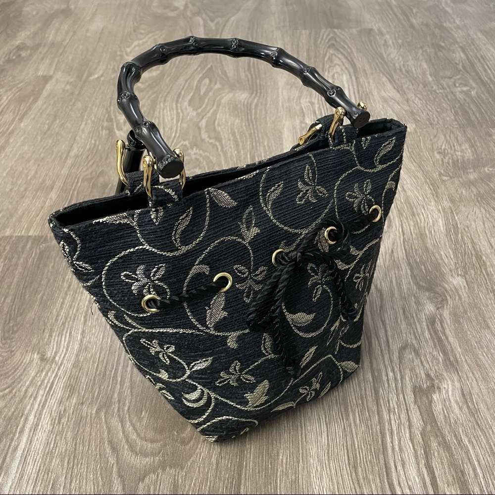 Talbots Black & Gold Metallic Brocade Sack Style Handbag with Bamboo Handle